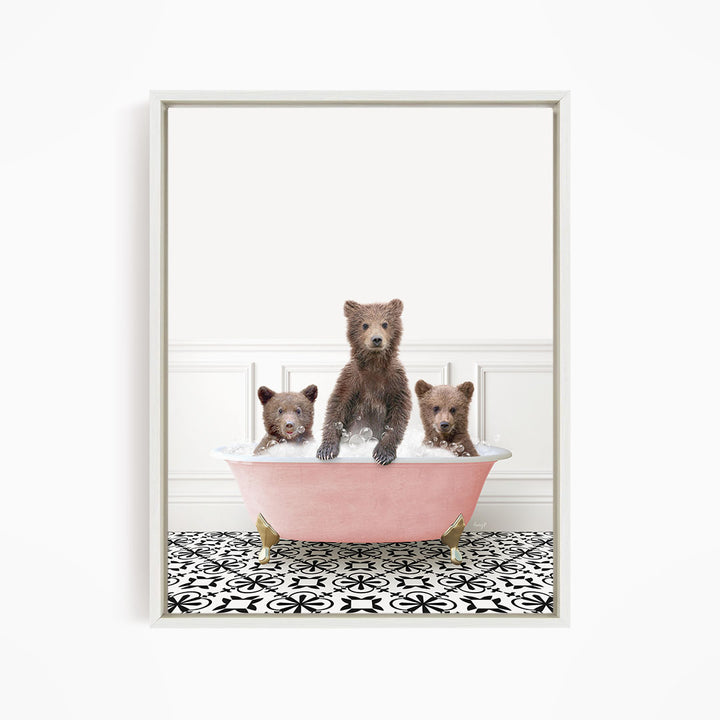 Three Bear Cubs in Stencil Tile with Pink Bathtub Bath