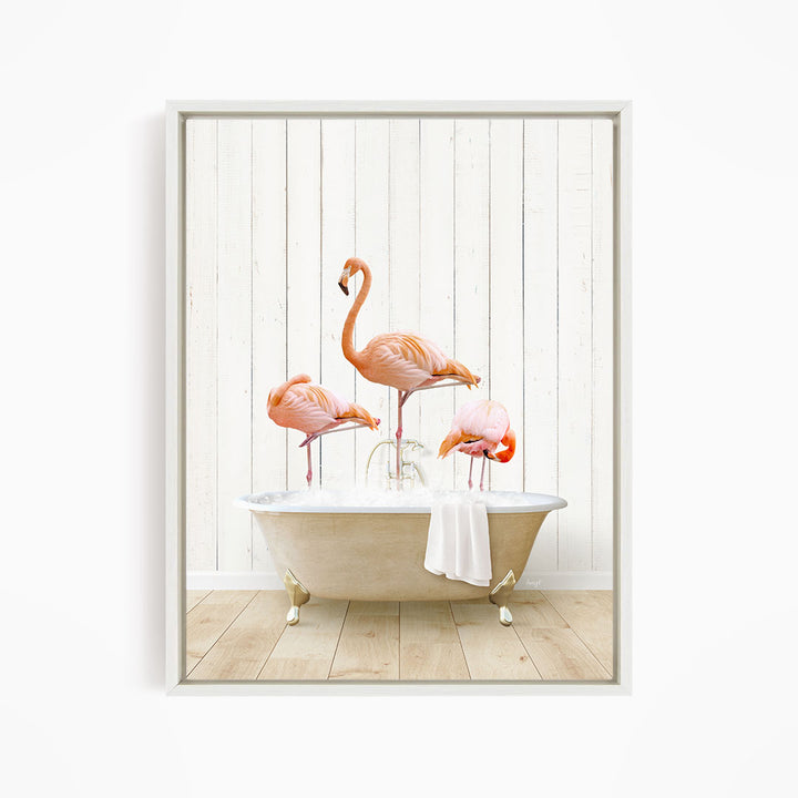 Three Flamingos in Farmhouse Bath
