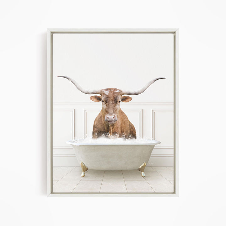 Texas Longhorn Cow in Modern Neutral Bath