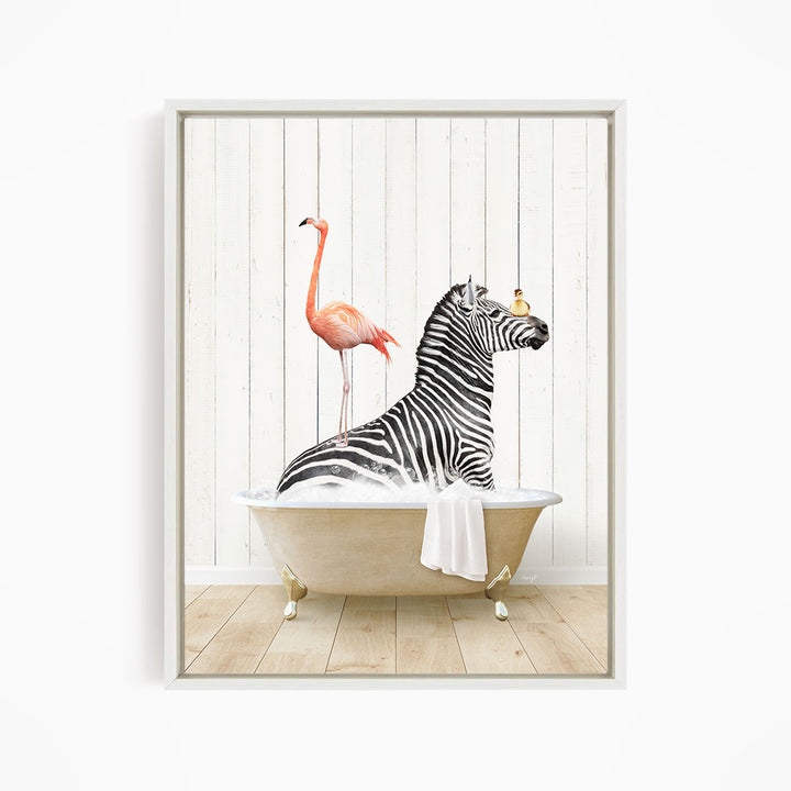 Zebra and Flamingo in Farmhouse Bath