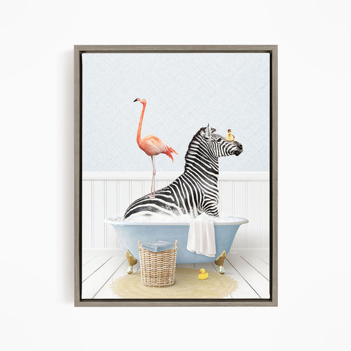 A zebra is sitting in a bathtub, surrounded by a pink flamingo and a yellow rubber duck, creating a whimsical and playful scene.