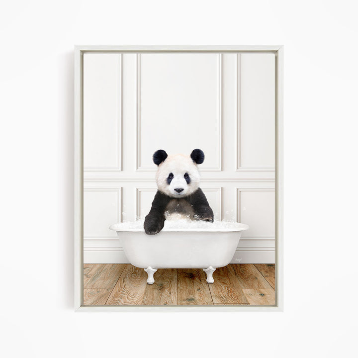 A panda bear sitting in a white bathtub filled with water, creating a playful and whimsical scene.