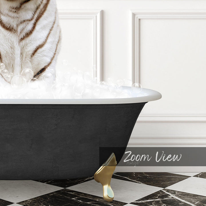 A white and black striped cat is standing in a bathtub filled with bubbles, with a black and white checkered floor and a gold bathtub leg visible.