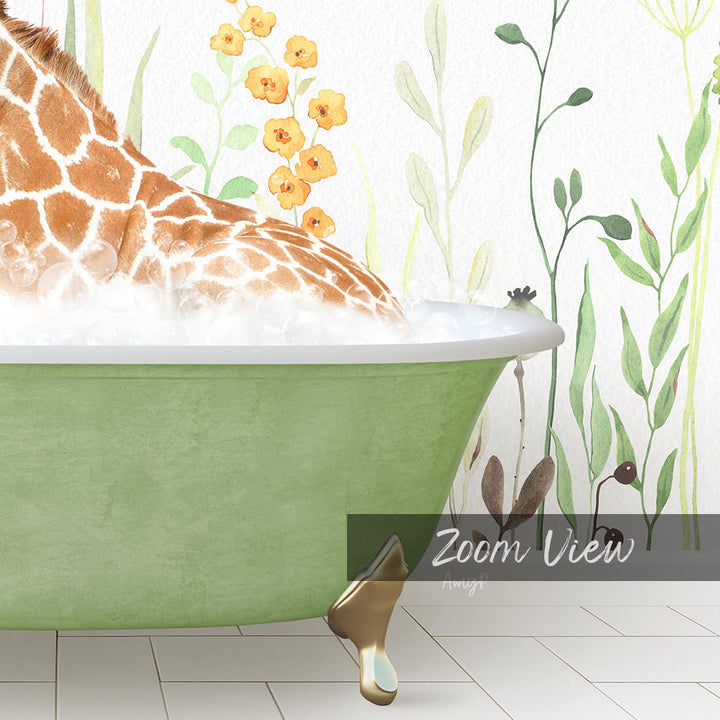 A giraffe is sitting in a green bathtub filled with water, surrounded by a floral mural on the wall behind it.