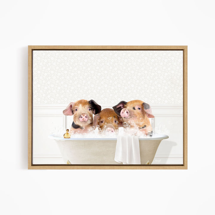 Three adorable pigs sitting in a bathtub, enjoying a relaxing bath together.