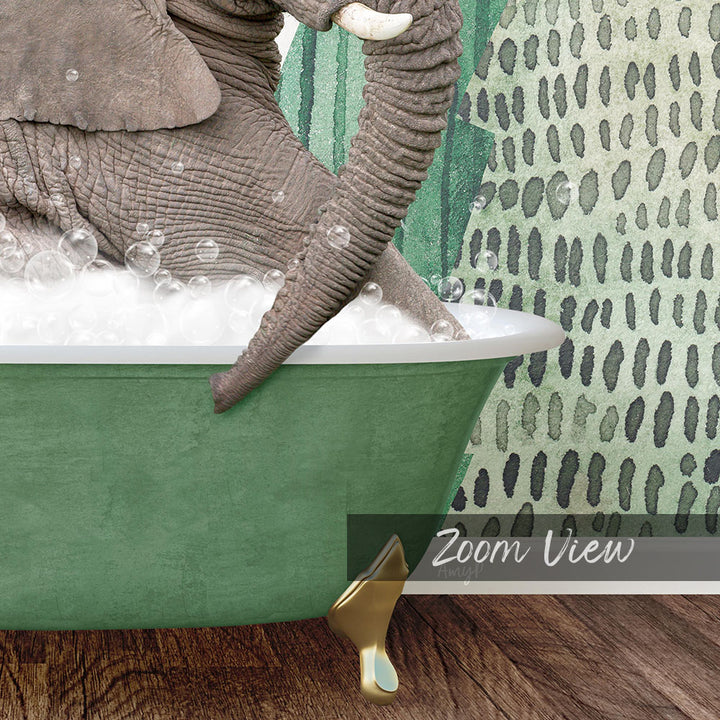 A large elephant is sitting in a green bathtub filled with bubbles, with a patterned wall in the background.