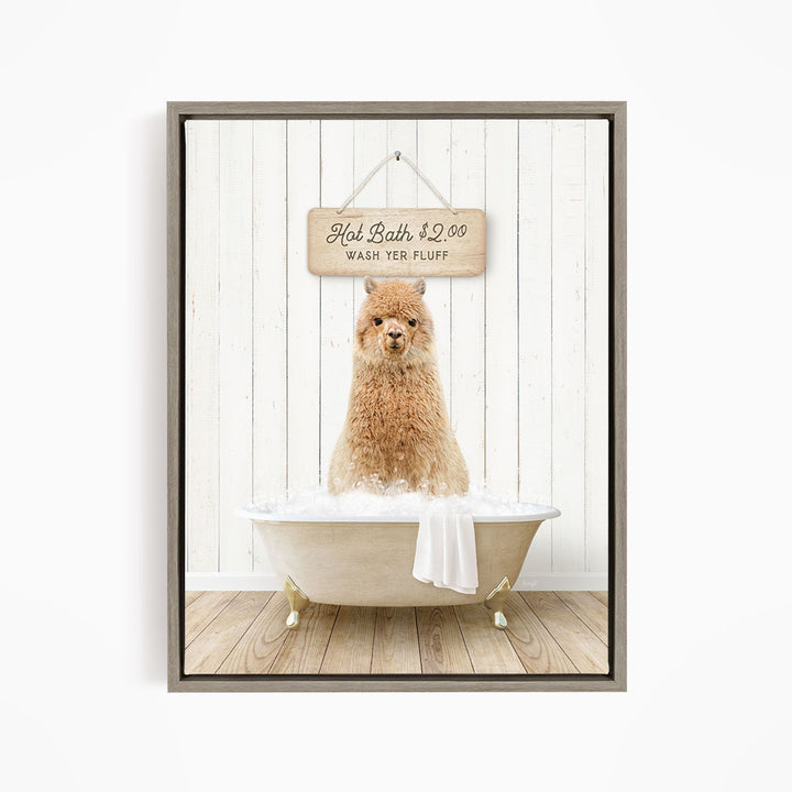A fluffy brown dog sitting in a white bathtub, with a wooden sign above it that reads "Hot Bath $2.00 WASH YER FLUFF".