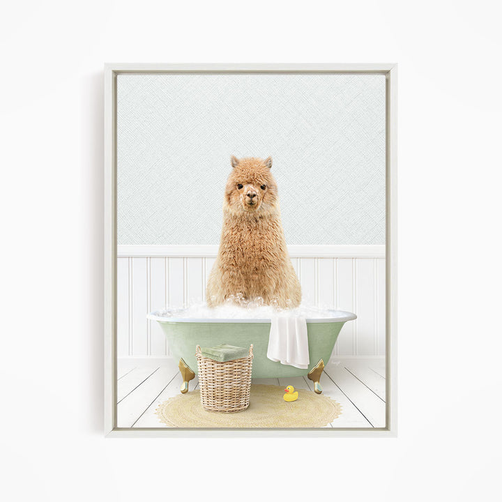 A fluffy brown dog sitting in a green bathtub filled with bubbles, surrounded by a yellow rubber duck and a basket.