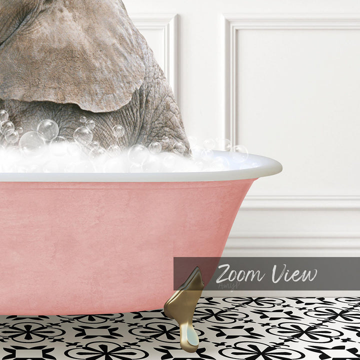 A pink bathtub filled with bubbles, with a large elephant partially submerged in the water.