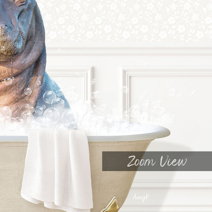 A close-up of a hippopotamus in a bathtub filled with bubbles, with a towel draped over the side and the word "Zoom View" displayed.