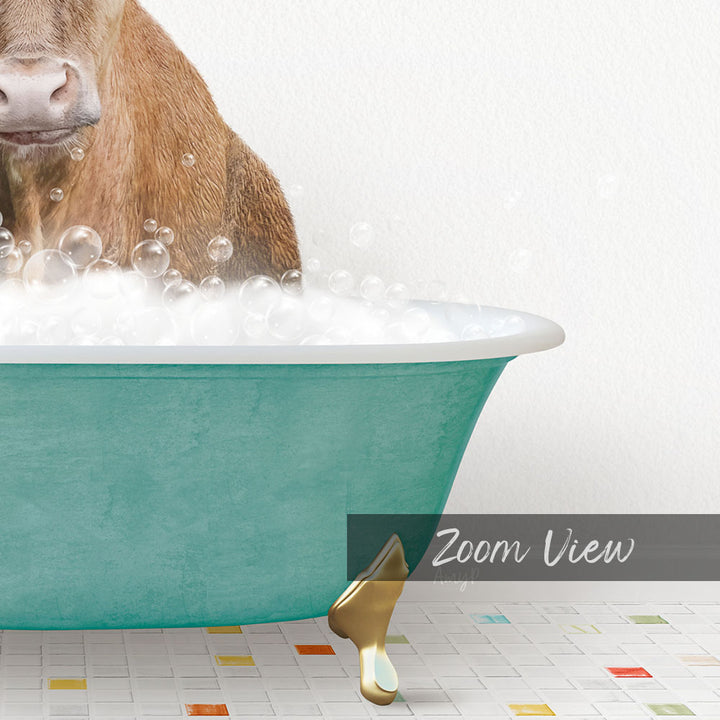 A brown cow is standing in a green bathtub filled with bubbles, creating a whimsical and playful scene.