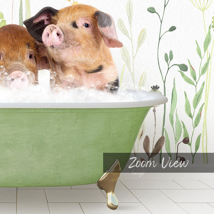 A pair of adorable pigs sitting in a green bathtub filled with bubbles, surrounded by a whimsical, nature-inspired wallpaper.