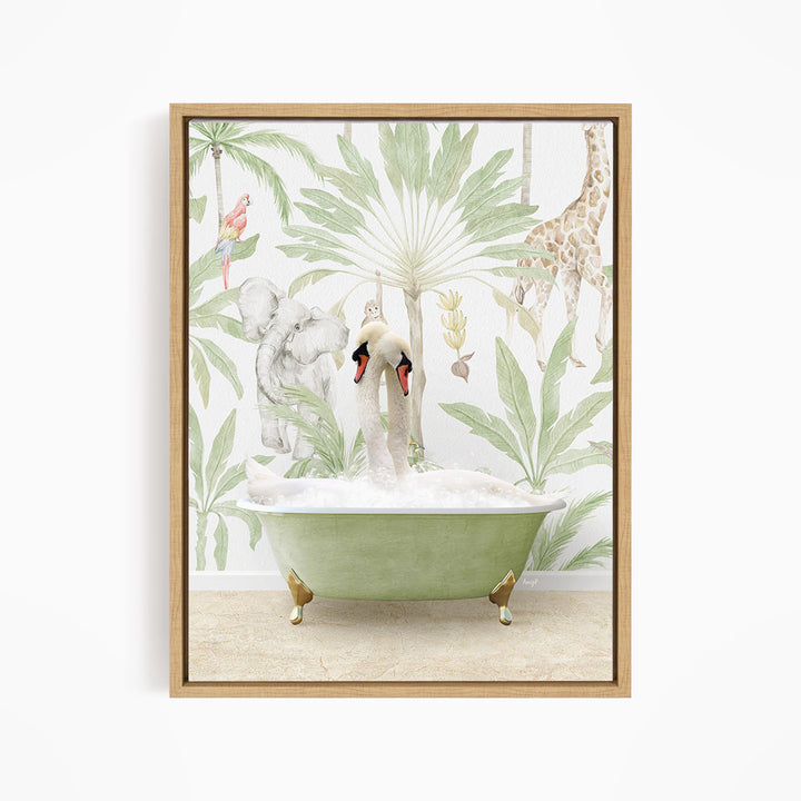 A framed print depicting a whimsical scene of a swan and a giraffe enjoying a bath in a green bathtub, surrounded by tropical foliage.