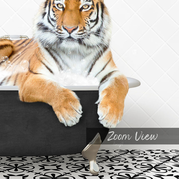 A tiger resting in a bathtub, surrounded by bubbles, with a black and white patterned floor in the background.