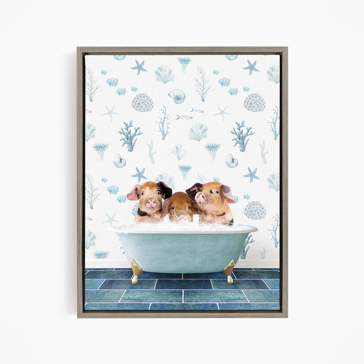 Three adorable pigs sitting in a bathtub filled with water, surrounded by a blue and white ocean-themed wallpaper.
