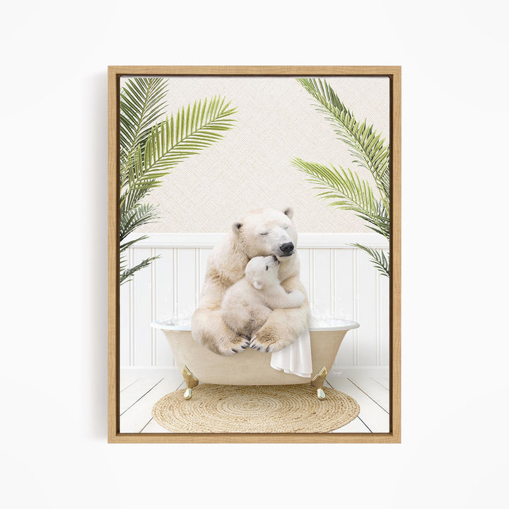 A polar bear is sitting in a bathtub, surrounded by palm leaves, creating a serene and whimsical scene.