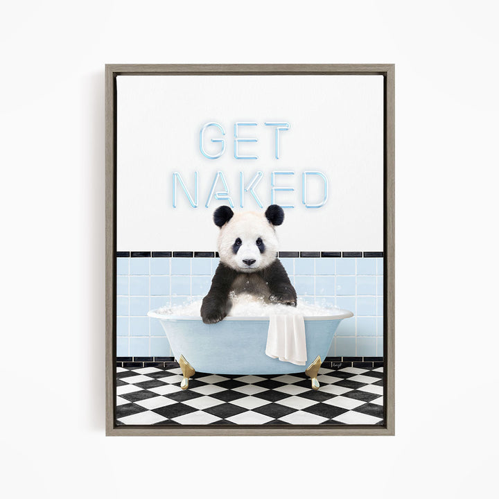 A panda bear sitting in a bathtub with the text "GET NAKED" displayed above it.