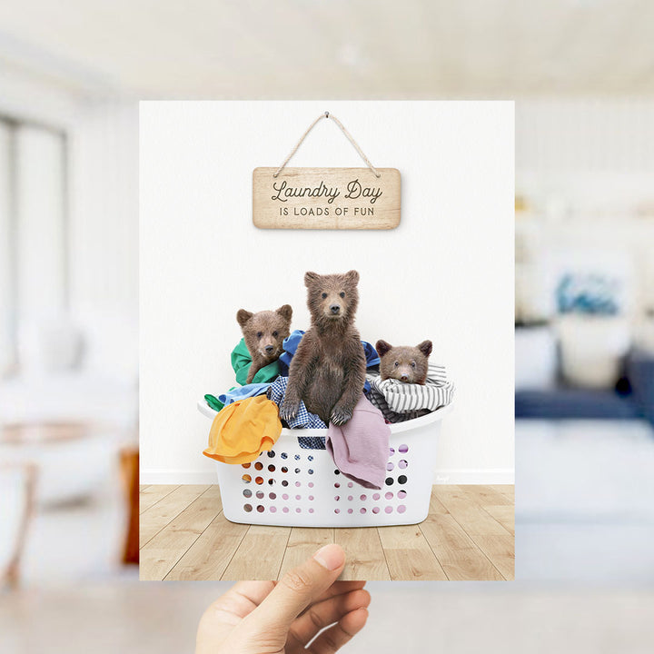 Three Bear Cubs in Laundry Basket with Clothes Piles - Scandi Floor