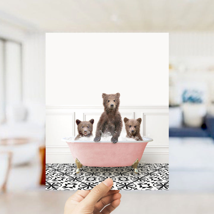 Three Bear Cubs in Stencil Tile with Pink Bathtub Bath