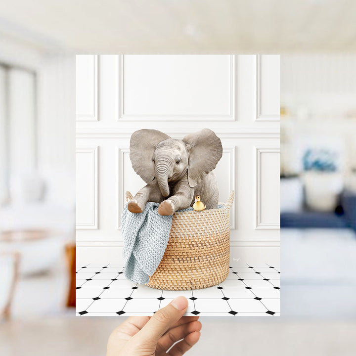 Baby Elephant in Laundry Basket - Classic White Floor