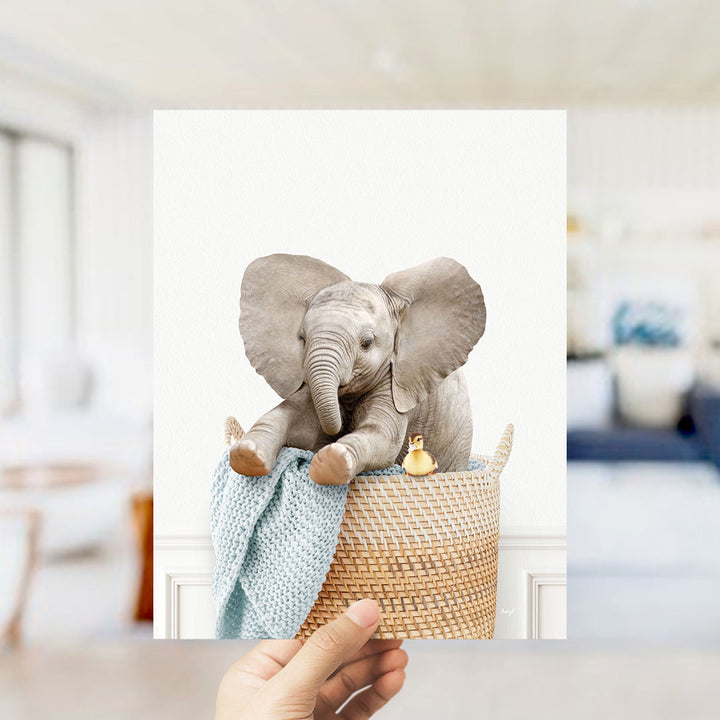 Baby Elephant in Laundry Basket - Simple White Wall