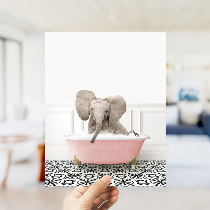 Baby Elephant No4 in Stencil Tile with Pink Bathtub Bath