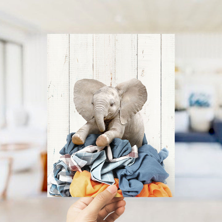 Baby Elephant on Laundry Clothes Pile - Farmhouse Wall