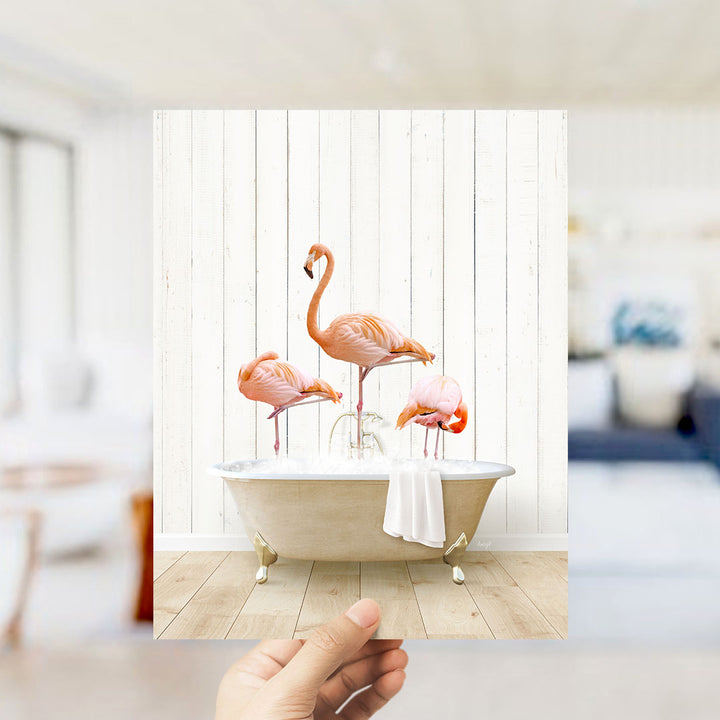 Three Flamingos in Farmhouse Bath