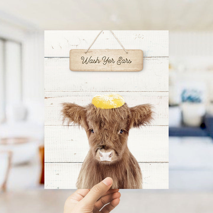 Baby Highland Cow "Wash yer ears" - Bathroom Shiplap