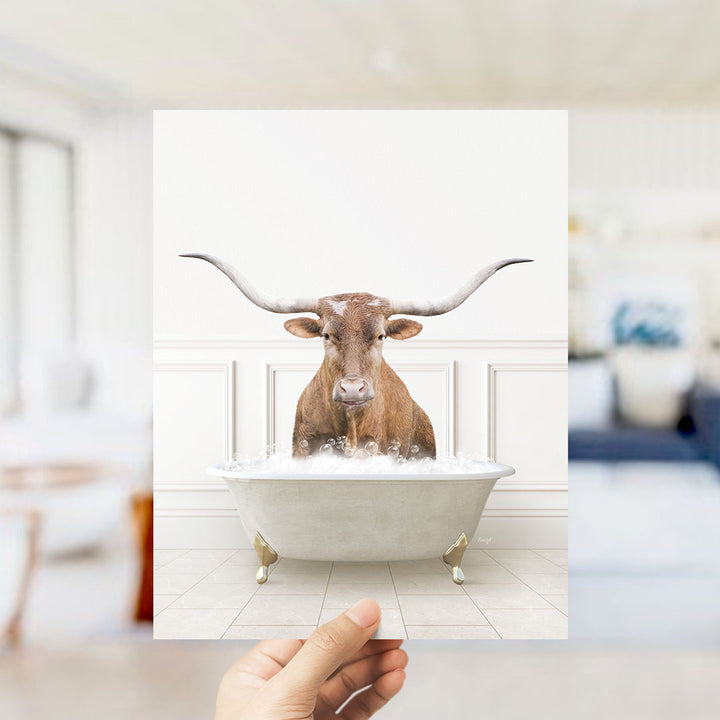 Texas Longhorn Cow in Modern Neutral Bath