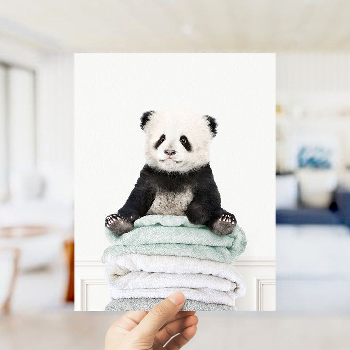 Baby Panda on Folded Towels - Simple White Wall