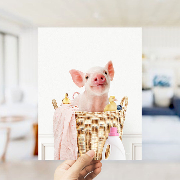 Baby Piglet and Friends in Laundry Basket - Simple White Wall