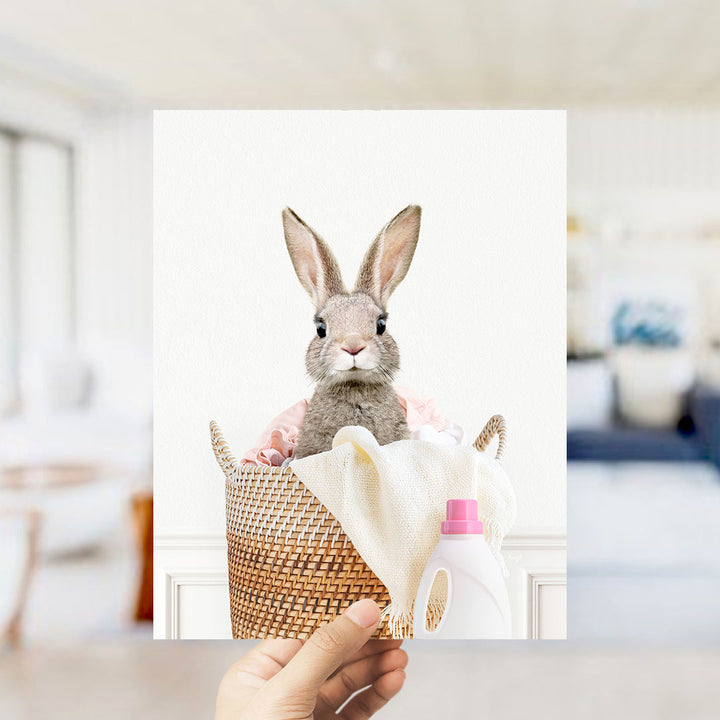 Baby Rabbit in Laundry Basket - Simple White Wall