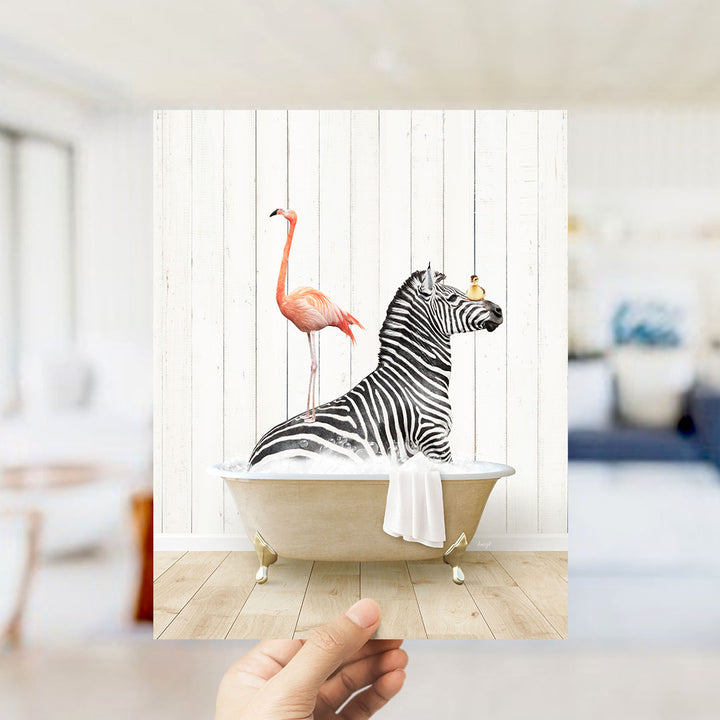 Zebra and Flamingo in Farmhouse Bath