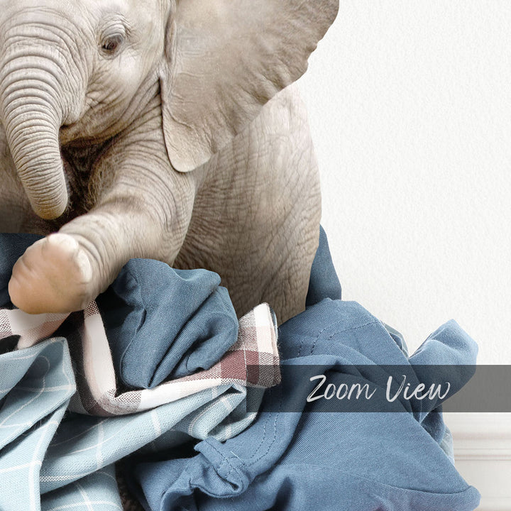 Baby Elephant on Laundry Clothes Pile - Simple White Wall