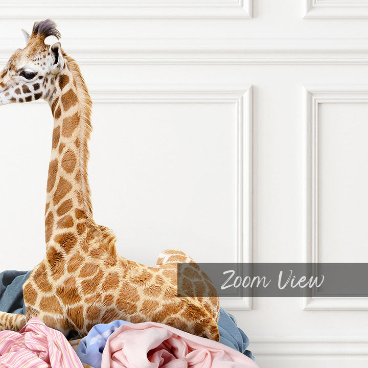 Baby Giraffe in Clothes Pile - Classic White Floor