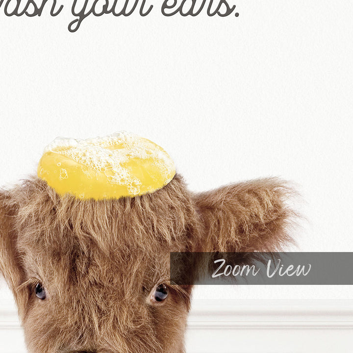 Baby Highland Cow "Wash yer ears" - Bathroom Simple White