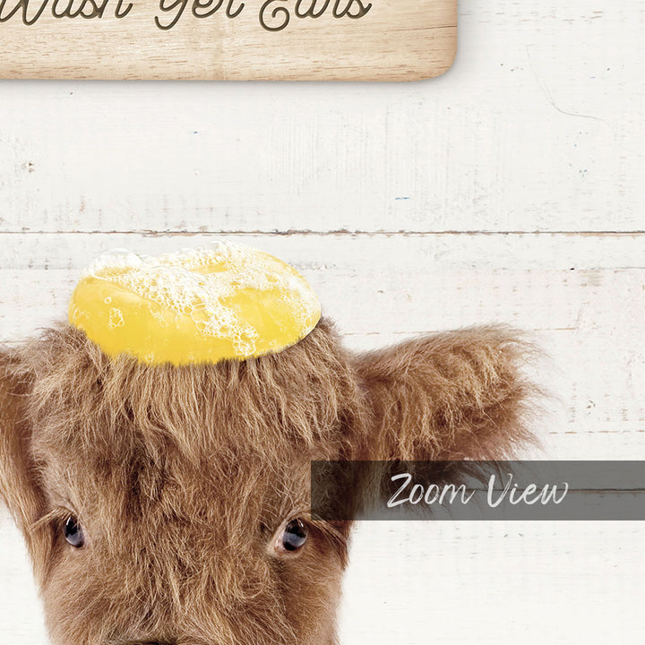 Baby Highland Cow "Wash yer ears" - Bathroom Shiplap