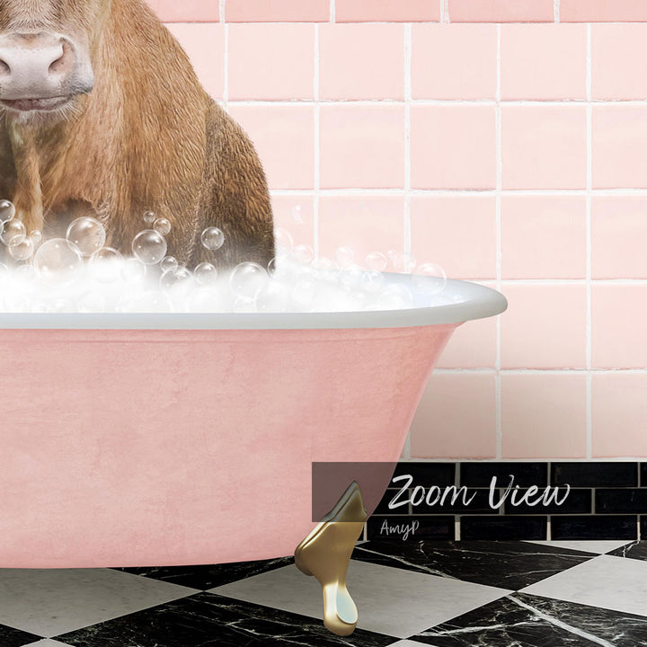 Texas Longhorn Cow in Retro Pink Bath