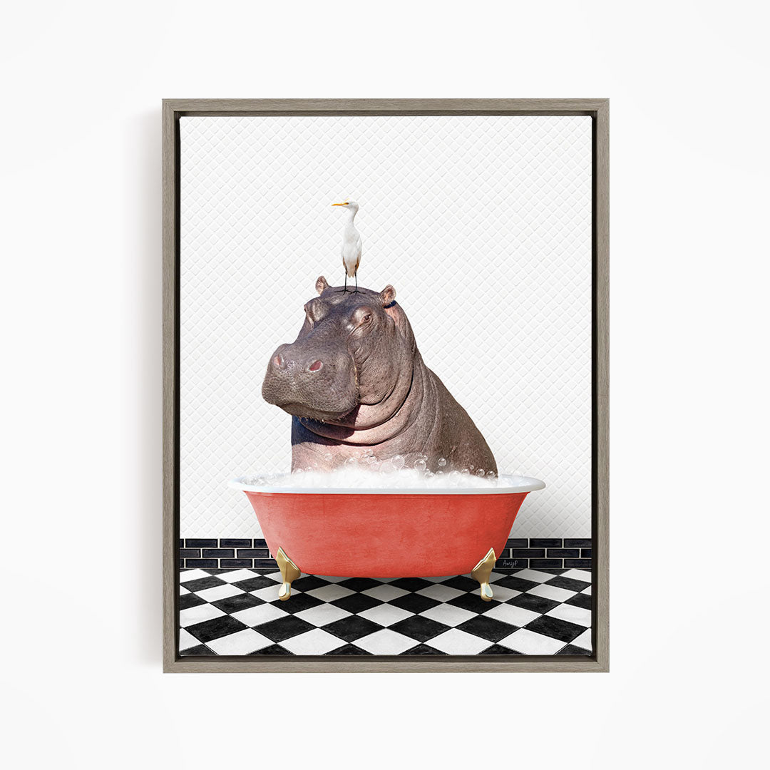 A large hippopotamus is sitting in a red bathtub, with a seagull perched on its head.