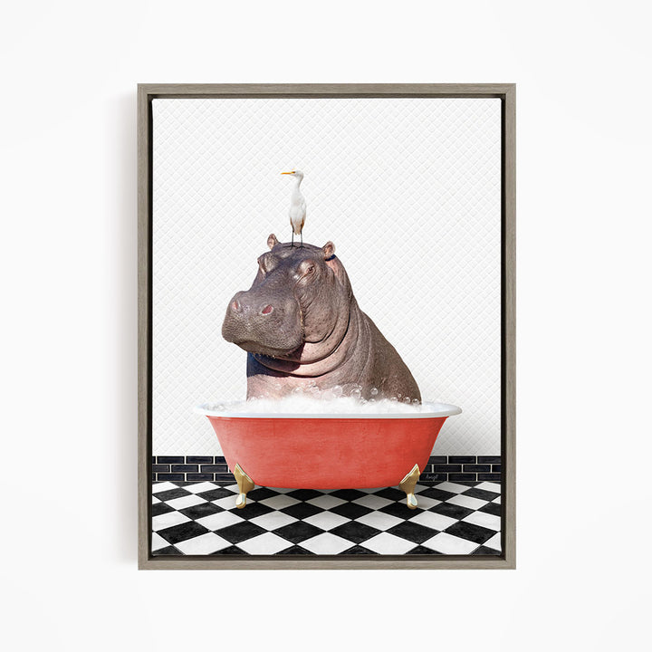 A large hippopotamus is sitting in a red bathtub, with a seagull perched on its head.