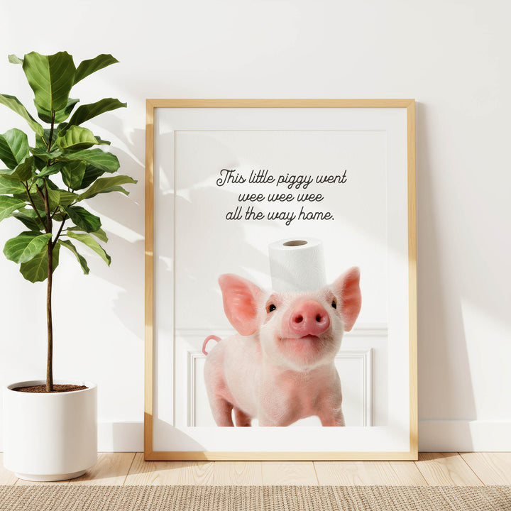 a cute piglet standing next to a potted plant, with a humorous caption that reads "This little piggy went wee wee wee all the way home."