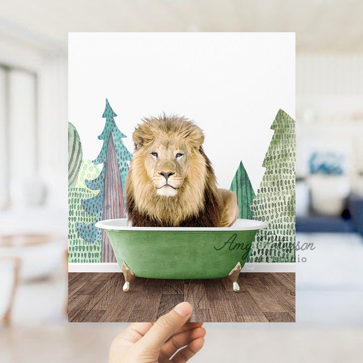 a lion sitting in a green bath tub