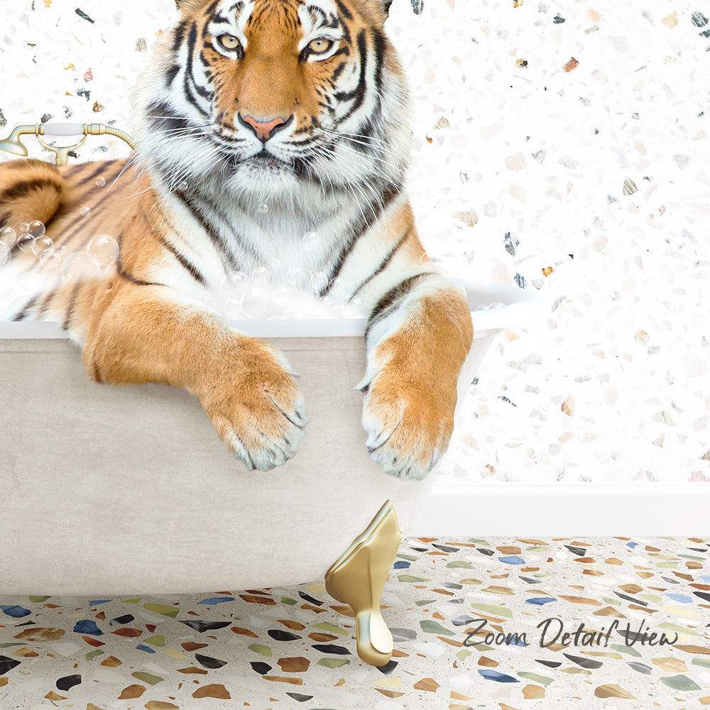 A tiger is sitting in a bathtub filled with water, surrounded by a colorful mosaic floor.
