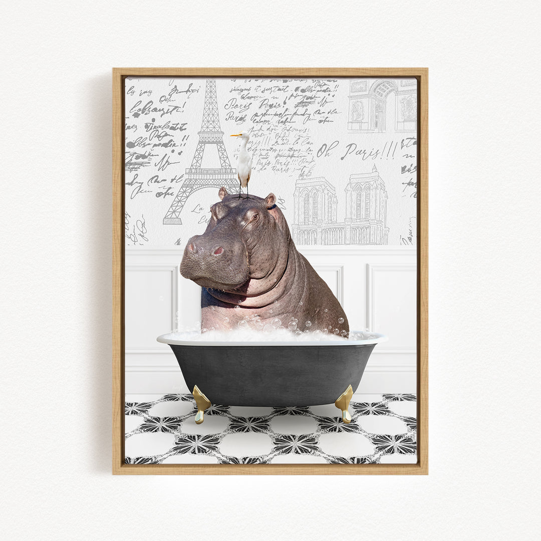 A hippopotamus sitting in a bathtub filled with bubbles, surrounded by a Paris-themed background with the Eiffel Tower and other Parisian landmarks.