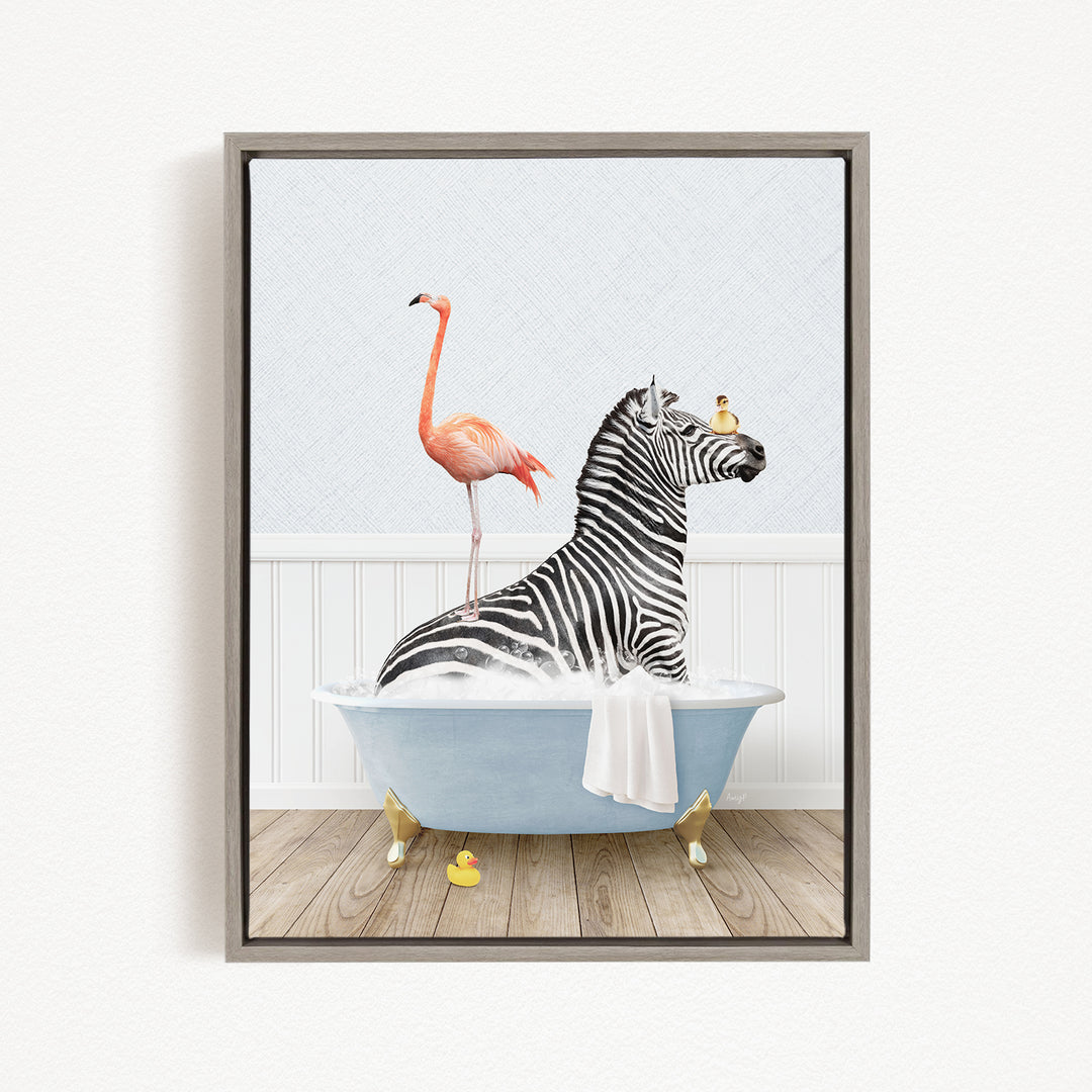 A framed illustration depicting a zebra sitting in a bathtub, with a flamingo standing on its back and a bird perched on its head.