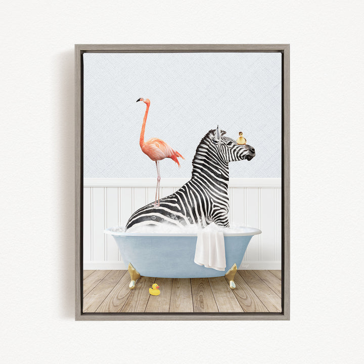 A framed illustration depicting a zebra sitting in a bathtub, with a flamingo standing on its back and a bird perched on its head.