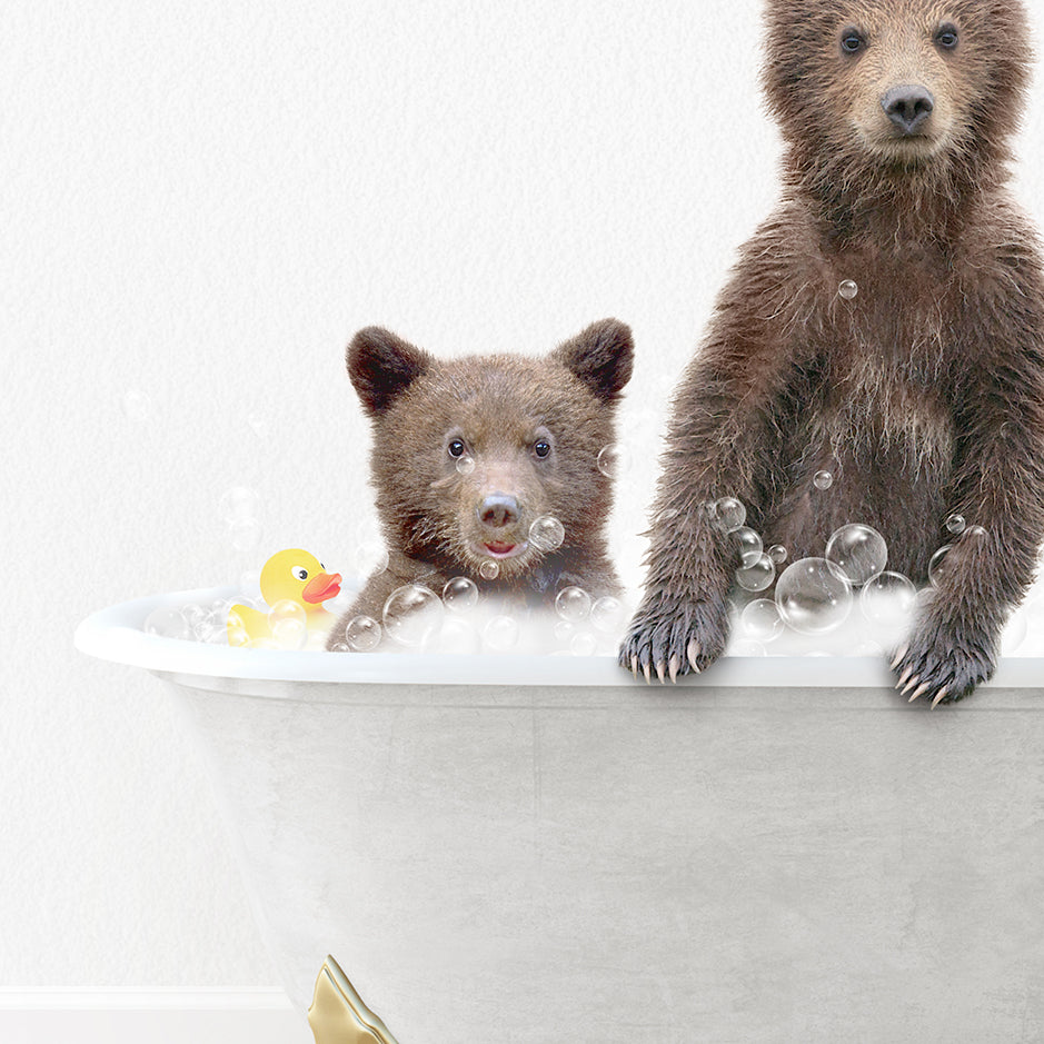 two brown bears in a bathtub with bubbles