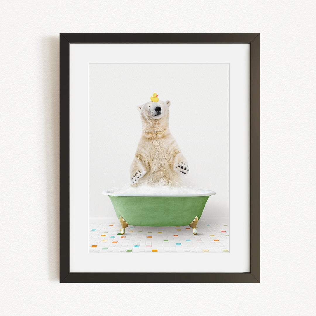 A polar bear standing in a green bathtub filled with bubbles, with a yellow rubber duck perched on its head.