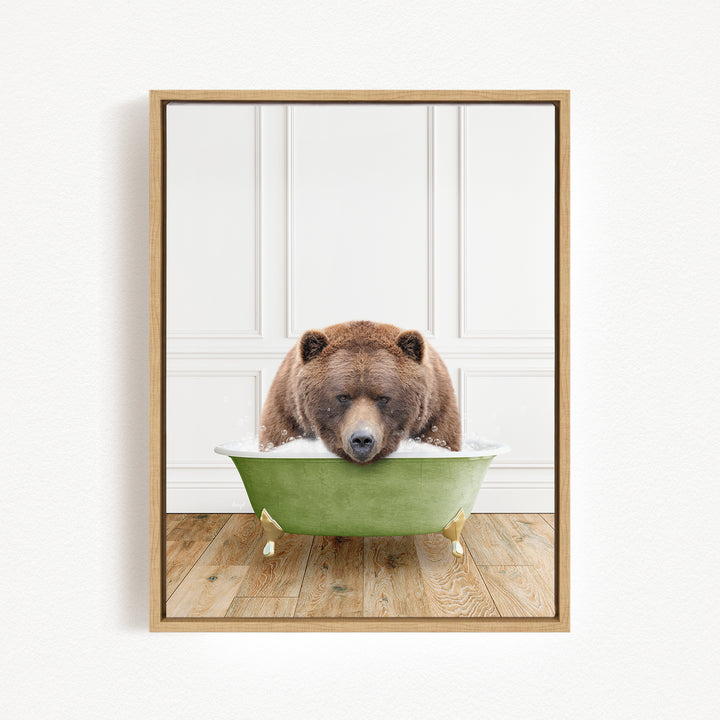 A brown bear is sitting in a green bathtub, appearing to be enjoying a relaxing bath.